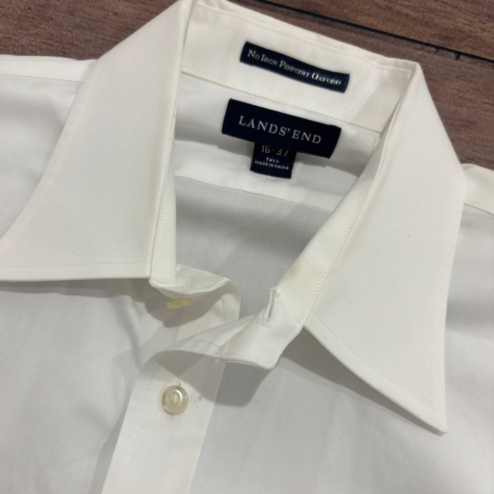 Lands End Mens No Iron Pinpoint Oxford Shirt White Tall 16-37 Long Sleeve Reg$79